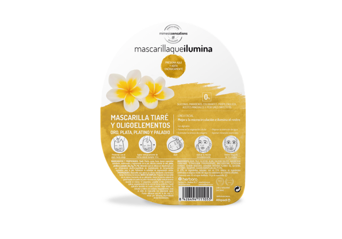 Mascarilla que ilumina Tiaré y oligoelementos (oro, plata, platino y paladio)